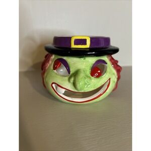 Witch Head Candle Dish Votive Holder Cut Out Eyes Mouth 4x3.5